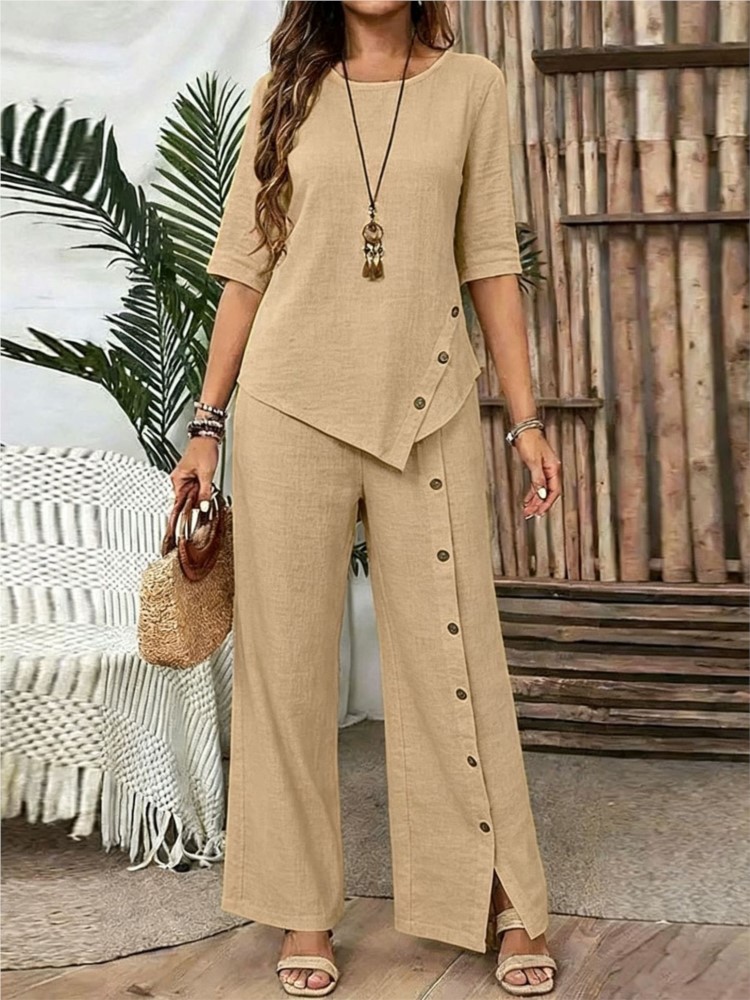 女性のファッションソリッド不規則な裾シャツパンツツーピースセ - Wide Leg Palazzo Pants のレビューと価格