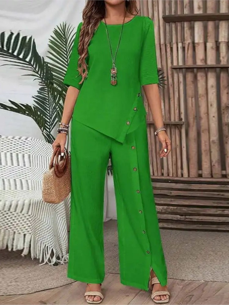 女性のファッションソリッド不規則な裾シャツパンツツーピースセ - Wide Leg Palazzo Pants のレビューと価格