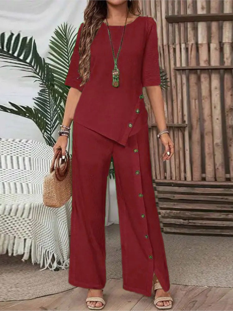 女性のファッションソリッド不規則な裾シャツパンツツーピースセ - Wide Leg Palazzo Pants のレビューと価格