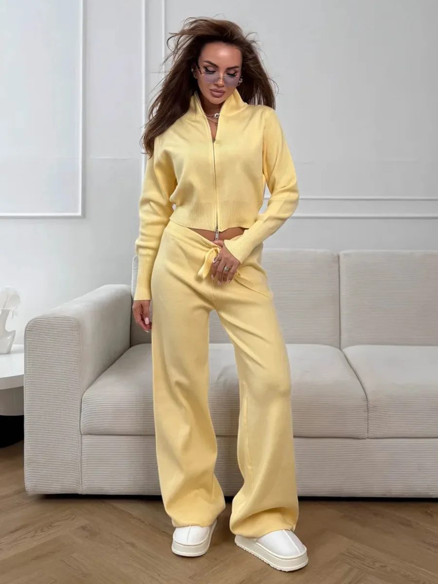 Wolfeel 新しい秋冬ジップアップニットパンツセット女性 - Wide Leg Palazzo Pants のレビューと価格